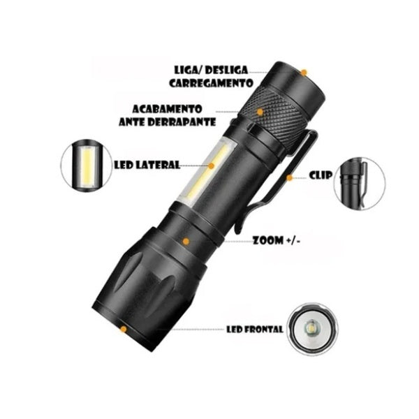 MINI LANTERNA TÁTICA ALUMÍNIO - 3 MODOS DE ILUMINAÇÃO - USB RECARREGÁVEL