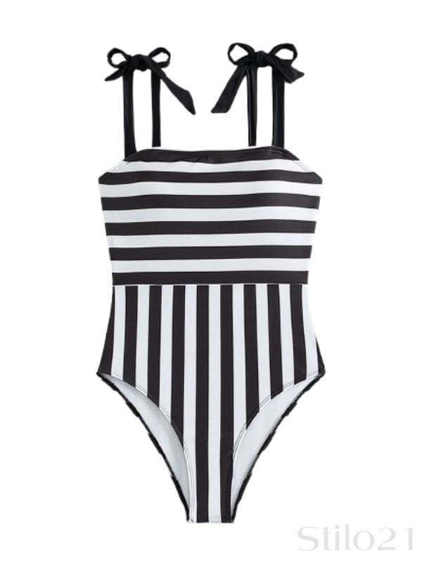 Maiô Feminino Listrado Moderno Chic Preto e Branco Praia Verão 2026