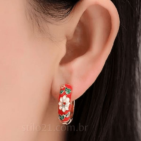 Brincos de Argola em Esmalte Floral Vintage Banhados a Ouro -Rizzys