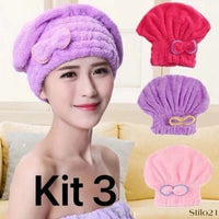 Kit 3 Touca Toalha De Banho Grossa de Secar Cabelo Microfibras Anti Frizz