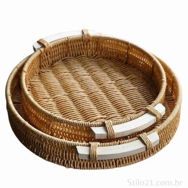 Bandeja Redonda Decorativa Tipo Vime Com Alça de Madeira