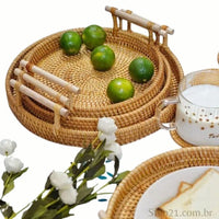 Bandeja Decorativa Redonda De Vime Com Alça de Madeira - FRETE GRÁTIS