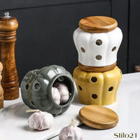 Pote de Alho em Cerâmica Respirável com Tampa de Bambu - Frete Grátis