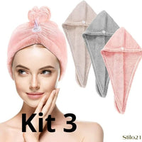 Kit 3 Touca Toalha De Banho Grossa de Secar Cabelo Microfibras Anti Frizz