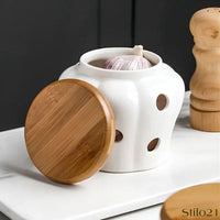 Pote de Alho em Cerâmica Respirável com Tampa de Bambu - Frete Grátis