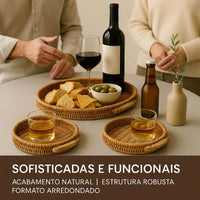 Bandeja Redonda Decorativa Tipo Vime Com Alça de Madeira