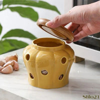 Pote de Alho em Cerâmica Respirável com Tampa de Bambu - Frete Grátis