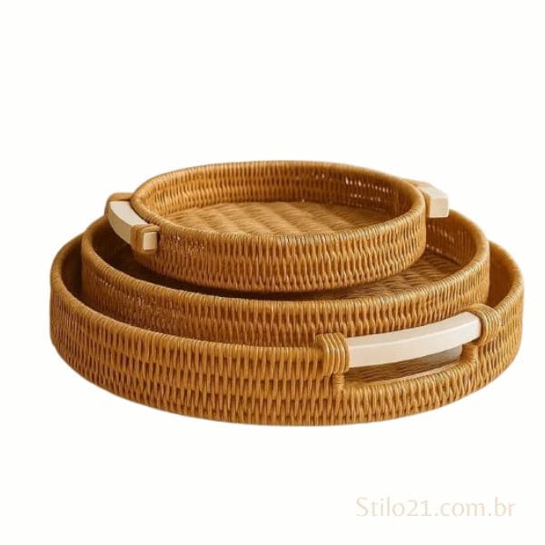 Bandeja Redonda Decorativa Tipo Vime Com Alça de Madeira