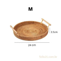 Bandeja Decorativa Redonda De Vime Com Alça de Madeira - FRETE GRÁTIS