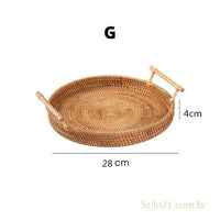 Bandeja Decorativa Redonda De Vime Com Alça de Madeira - FRETE GRÁTIS