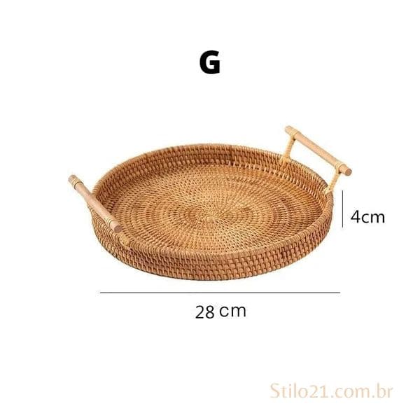 Bandeja Decorativa Redonda De Vime Com Alça de Madeira - FRETE GRÁTIS
