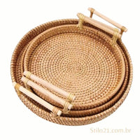 Bandeja Decorativa Redonda De Vime Com Alça de Madeira - FRETE GRÁTIS