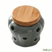 Pote de Alho em Cerâmica Respirável com Tampa de Bambu - Frete Grátis