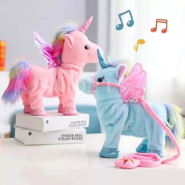 Brinquedos Unicórnio Anda e Canta de Pelúcia com Coleira
