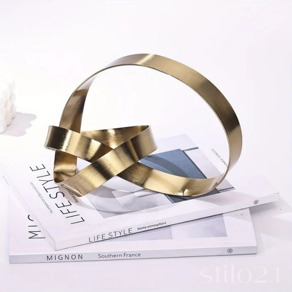 Escultura Laço Nó Infinity Entrelaçados Arte Moderna em Metal Dourado