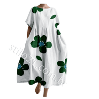 Vestidos de Verão Plus Size Femininos Estampa Floral Moderno Gola Redonda Manga Curta Solto Babado Grande Swing