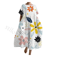 Vestidos de Verão Plus Size Femininos Estampa Floral Moderno Gola Redonda Manga Curta Solto Babado Grande Swing