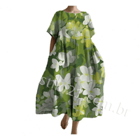 Vestidos de Verão Plus Size Femininos Estampa Floral Moderno Gola Redonda Manga Curta Solto Babado Grande Swing