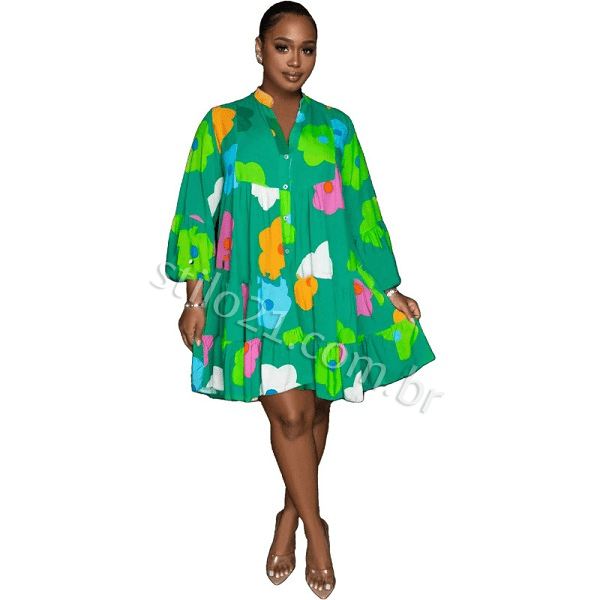 Vestido Midi de Luxo Manga Comprida com Estampa Floral
