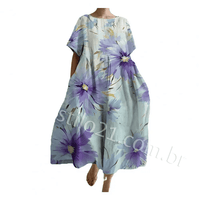 Vestidos de Verão Plus Size Femininos Estampa Floral Moderno Gola Redonda Manga Curta Solto Babado Grande Swing