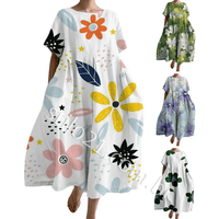 Vestidos de Verão Plus Size Femininos Estampa Floral Moderno Gola Redonda Manga Curta Solto Babado Grande Swing