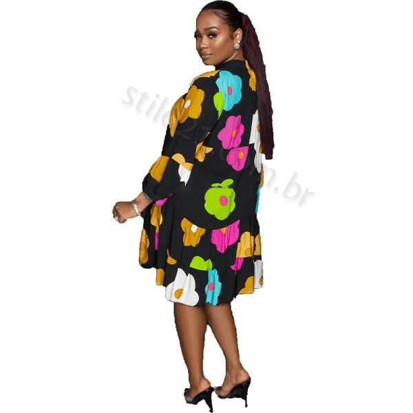 Vestido Midi de Luxo Manga Comprida com Estampa Floral