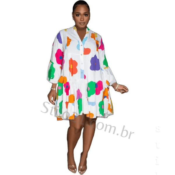 Vestido Midi de Luxo Manga Comprida com Estampa Floral
