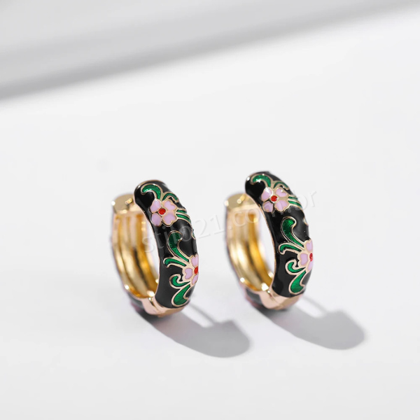 Brincos de Argola em Esmalte Floral Vintage Banhados a Ouro -Rizzys