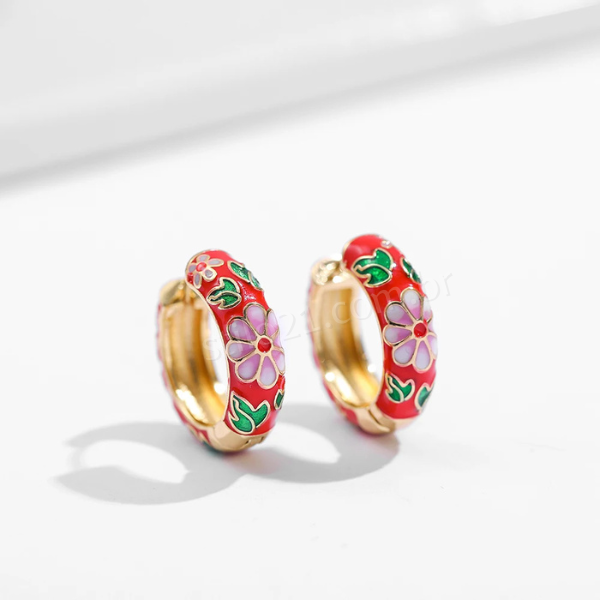 Brincos de Argola em Esmalte Floral Vintage Banhados a Ouro -Rizzys