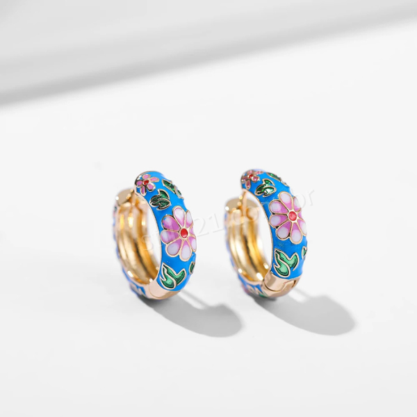 Brincos de Argola em Esmalte Floral Vintage Banhados a Ouro -Rizzys